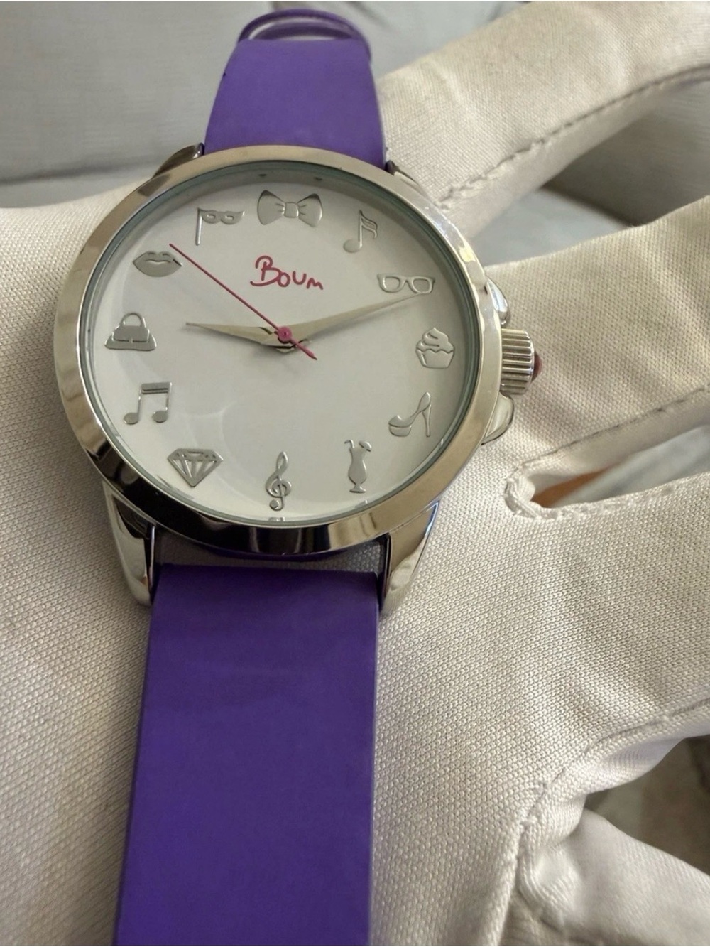 BOUM Women's Quartz Watch White Dial Purple Silicone Strap Silver Charms 38mm
